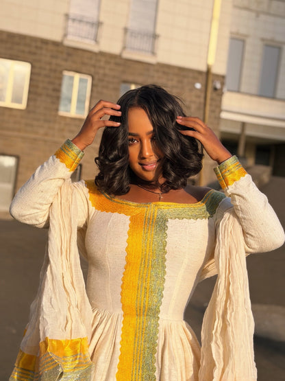 Habesha Kemis With Sun Gold & Sage Green Off-Shoulder Ethiopian Clothing For Festive 1279