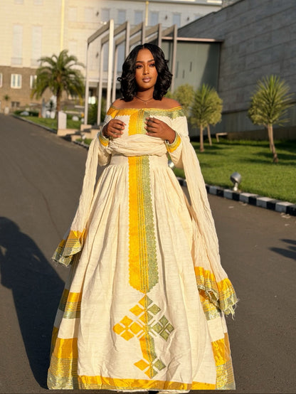 Golden Sunburst Off-Shoulder Gown Pure habesha cloth