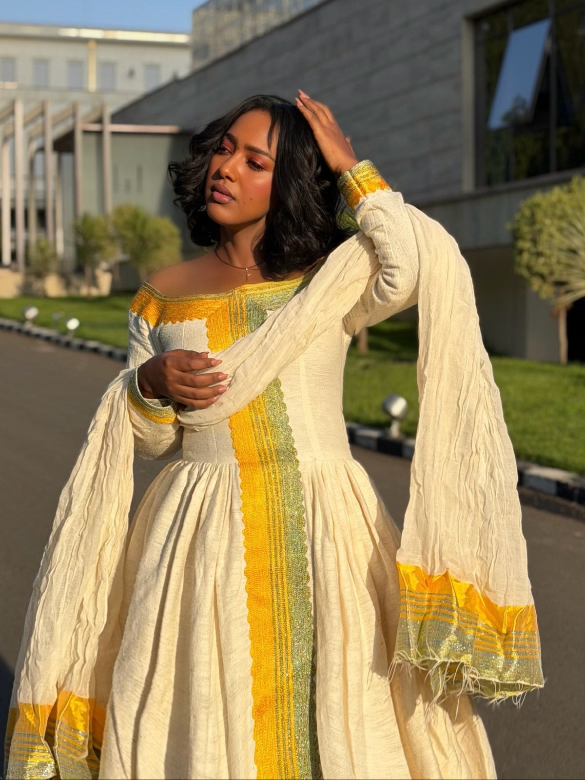 Habesha Kemis With Sun Gold & Sage Green Off-Shoulder Ethiopian Clothing For Festive 1279