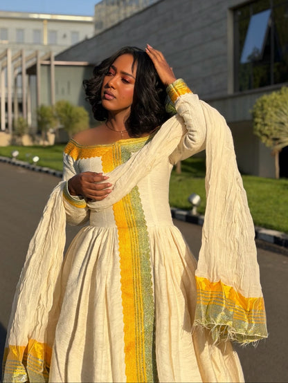 Habesha Kemis With Sun Gold & Sage Green Off-Shoulder Ethiopian Clothing For Festive 1279