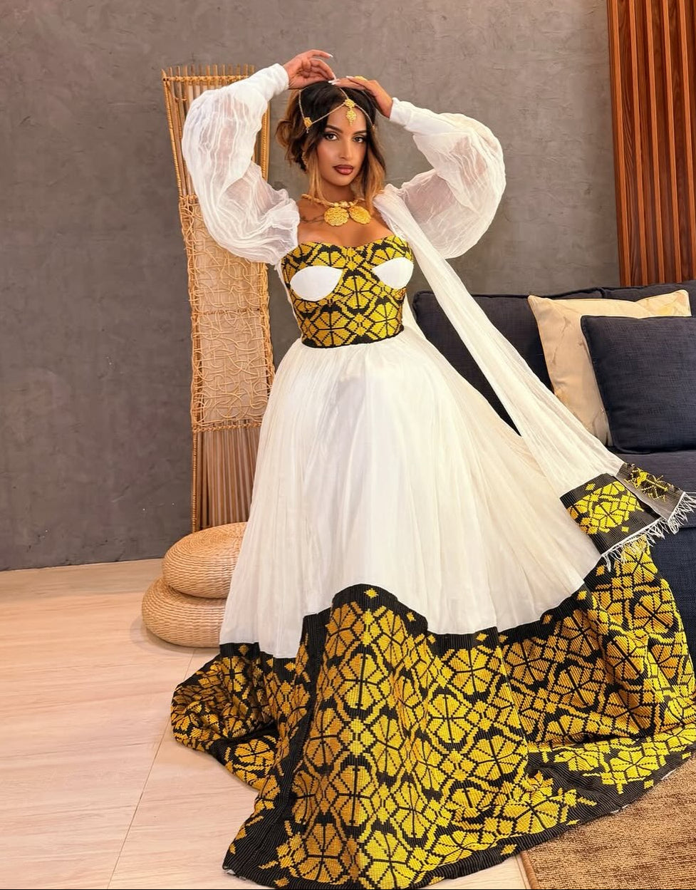 Black & Gold Geometric Bustier Corset Habesha Dress with Sheer Sleeves Ethiopian clothing & Ethiopian traditional dress 1280