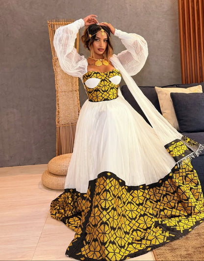 Black & Gold Geometric Bustier Corset Habesha Dress with Sheer Sleeves Ethiopian clothing & Ethiopian traditional dress 1280