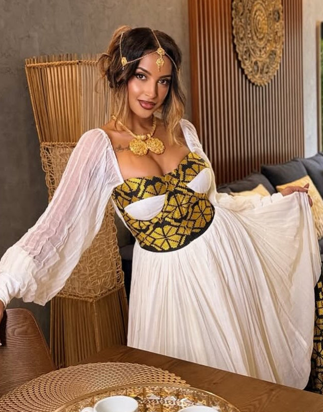 Black & Gold Geometric Bustier Corset Habesha Dress with Sheer Sleeves Ethiopian clothing & Ethiopian traditional dress 1280