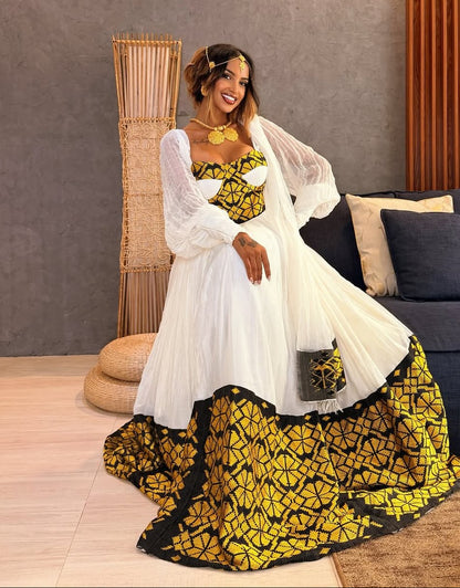 Black & Gold Geometric Bustier Corset Habesha Dress with Sheer Sleeves Ethiopian clothing & Ethiopian traditional dress 1280