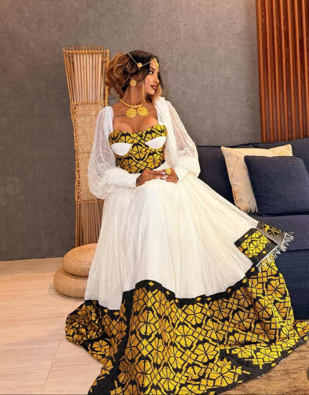 Charcoal & Gold Corset Ballgown Stylish Design Habesha Kemis 