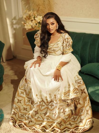 Ethiopian Clothing With Opulent Gold & Bronze Filigree Puff-Sleeve Habesha Kemis 1281