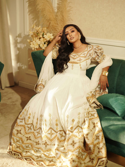 Ethiopian Clothing With Opulent Gold & Bronze Filigree Puff-Sleeve Habesha Kemis 1281
