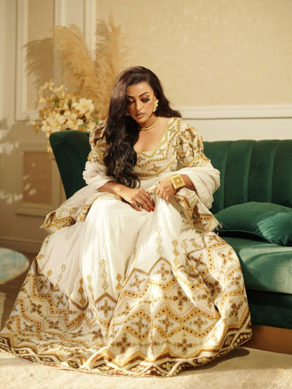 Ethiopian Clothing With Opulent Gold & Bronze Filigree Puff-Sleeve Habesha Kemis 1281