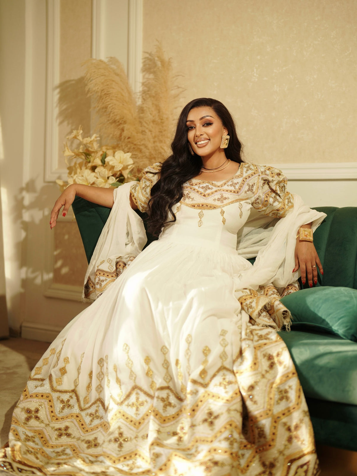 Ethiopian Clothing With Opulent Gold & Bronze Filigree Puff-Sleeve Habesha Kemis 1281