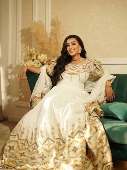 Ethiopian Clothing With Opulent Gold & Bronze Filigree Puff-Sleeve Habesha Kemis 1281