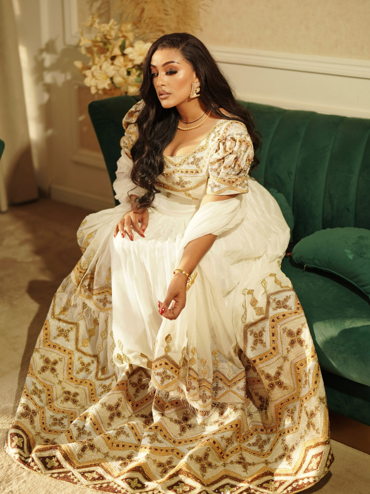 Ethiopian Clothing With Opulent Gold & Bronze Filigree Puff-Sleeve Habesha Kemis