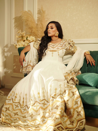 Ethiopian Clothing With Opulent Gold & Bronze Filigree Puff-Sleeve Habesha Kemis 1281