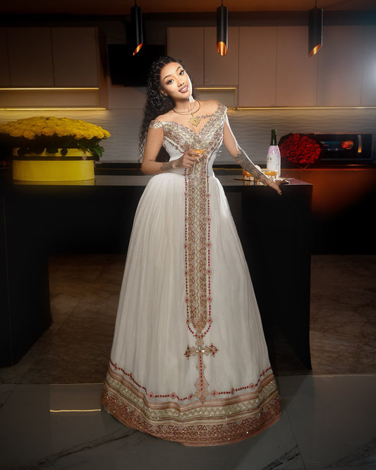 Crimson & Antique Gold Hand-Woven Gown Classic Habesha Kemis 