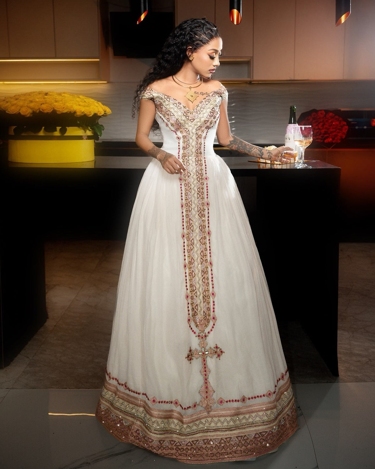 Traditional Classy Ethiopian dress Crimson & Antique Gold Off-Shoulder Column Cross Habesha Kemis 1282
