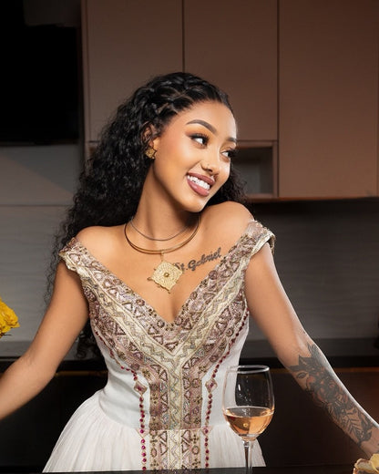 Traditional Classy Ethiopian dress Crimson & Antique Gold Off-Shoulder Column Cross Habesha Kemis 1282