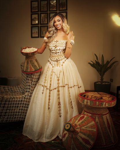 Drop-Waist Off-Shoulder Corset Habesha Dress Bronze Lattice Embroidery Ethiopian dress 1283