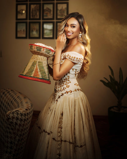 Drop-Waist Off-Shoulder Corset Habesha Dress Bronze Lattice Embroidery Ethiopian dress 1283