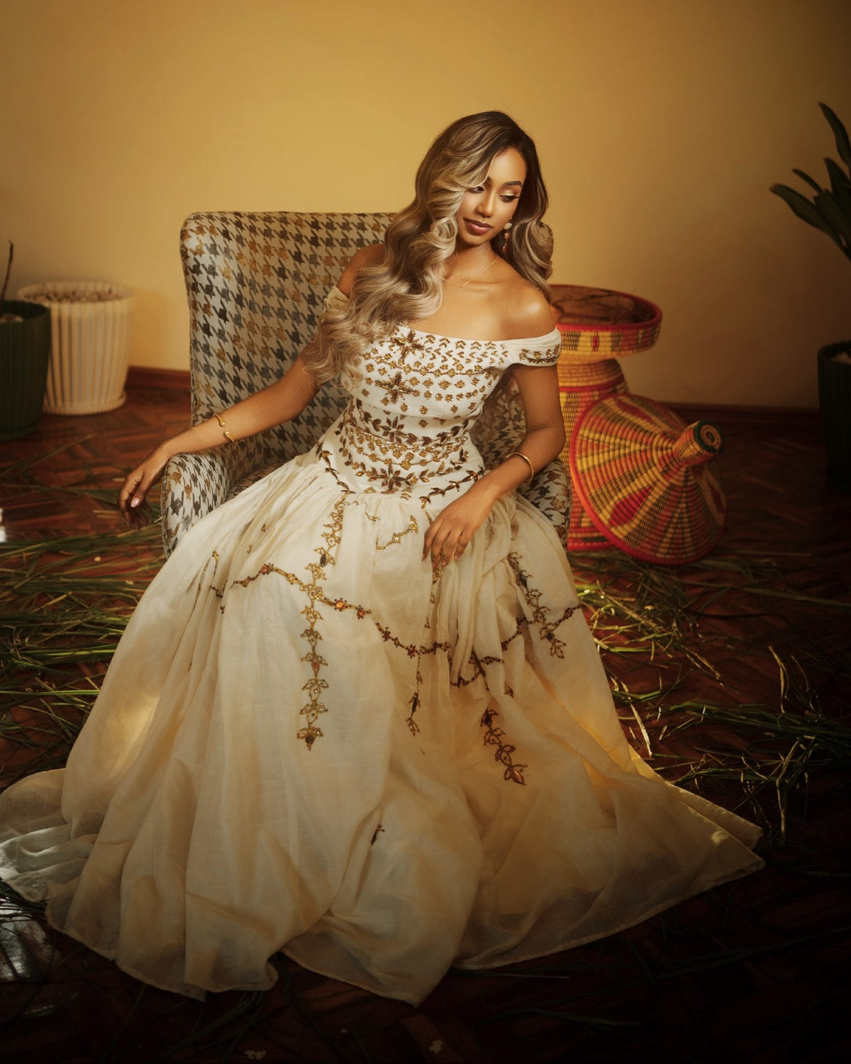 Drop-Waist Off-Shoulder Corset Habesha Dress Bronze Lattice Embroidery Ethiopian dress 1283