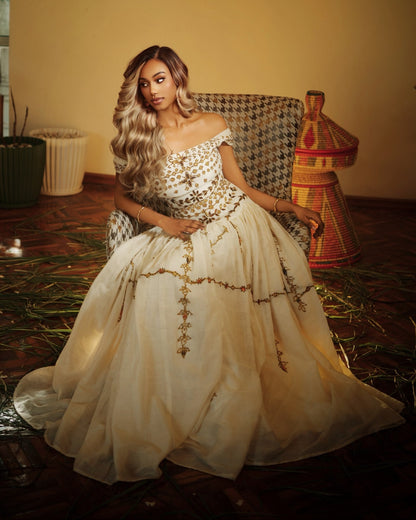 Drop-Waist Off-Shoulder Corset Habesha Dress Bronze Lattice Embroidery Ethiopian dress 1283