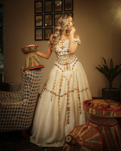 Drop-Waist Off-Shoulder Corset Habesha Dress Bronze Lattice Embroidery Ethiopian dress 1283