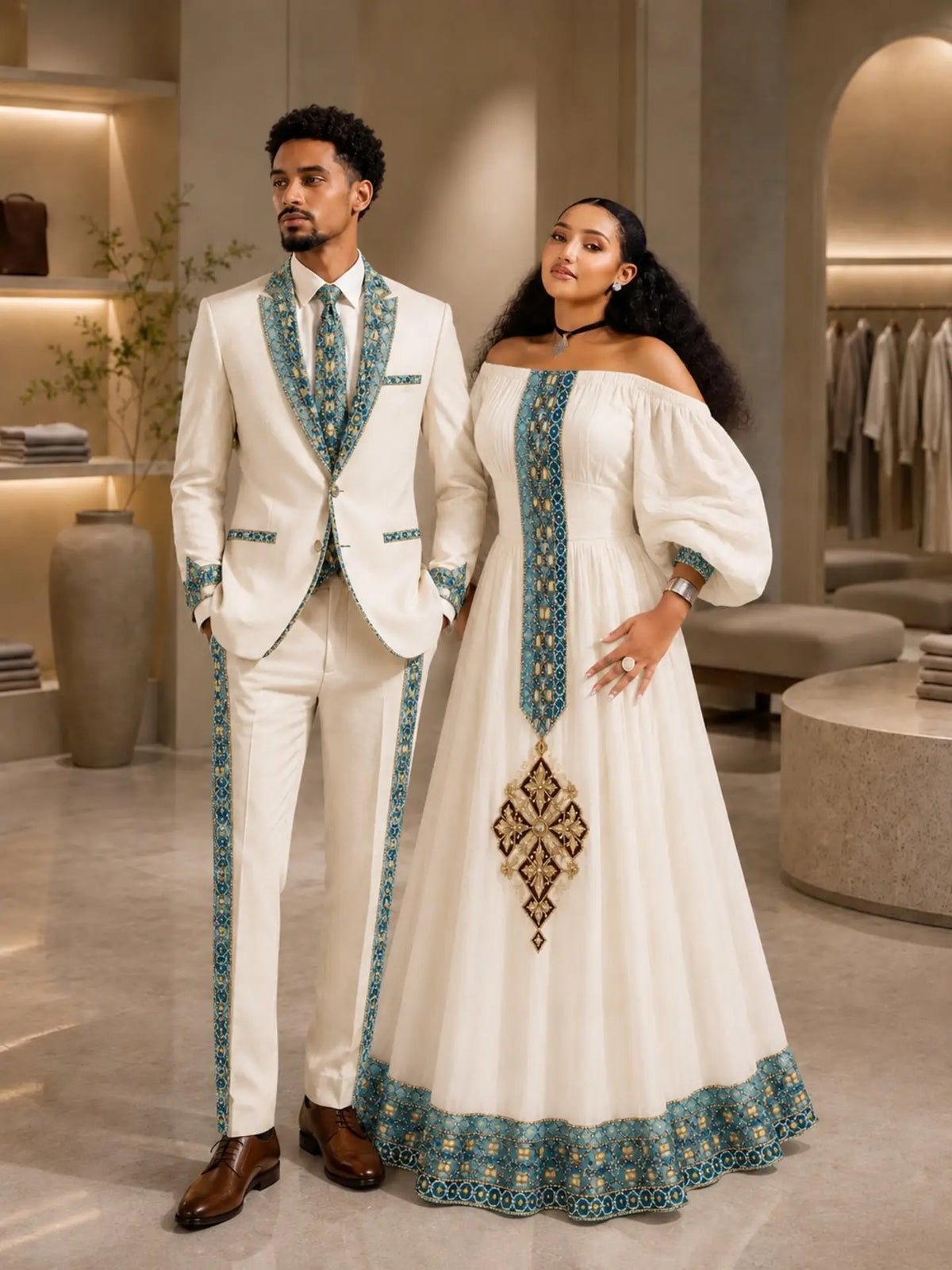 Shop AI-Generated Matching Habesha Couple Outfits Online Teal & Gold Ethiopian Couple Attire   