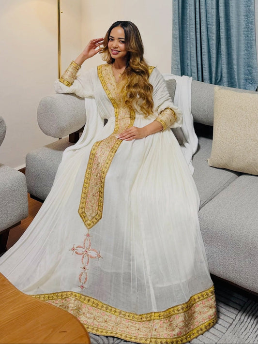 Elegantly Embroidered Gold & Rose Pink Cultural Outfit Pure habesha cloth