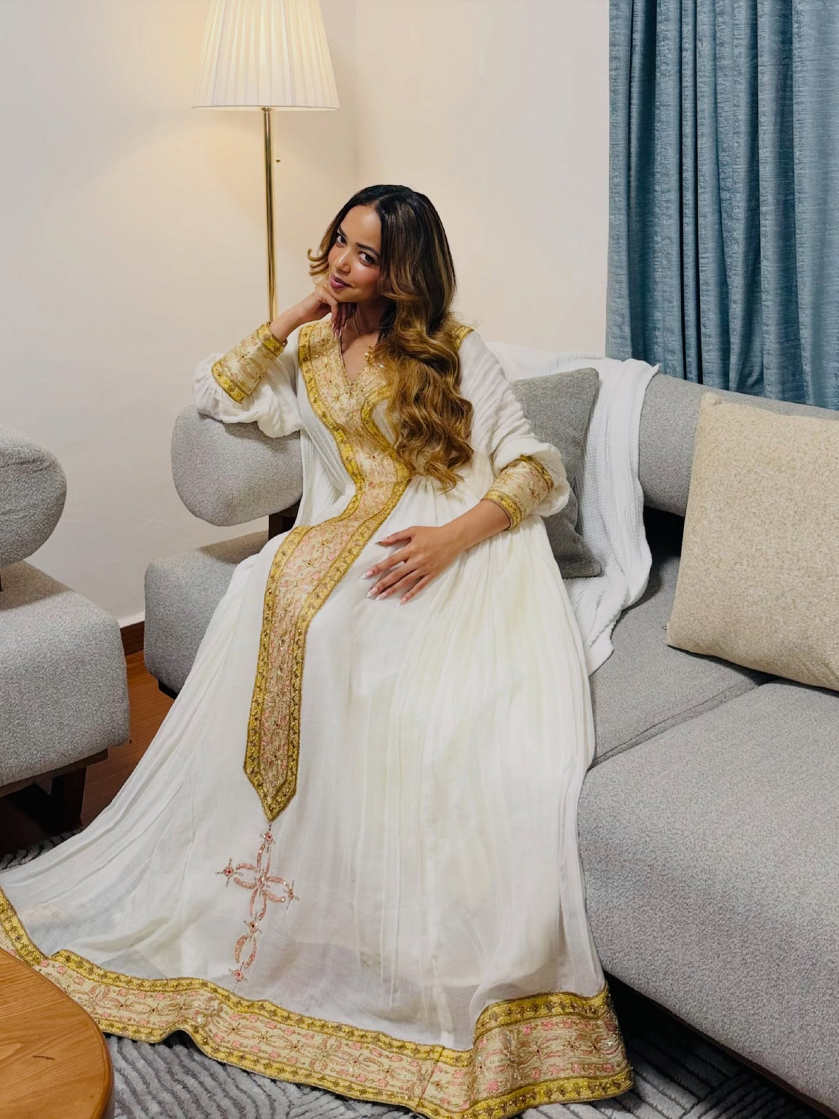 Soft Gold & Rose Pink V-Neck Column Traditional Ethiopian dress Classic Habesha Kemis For Festive 1286
