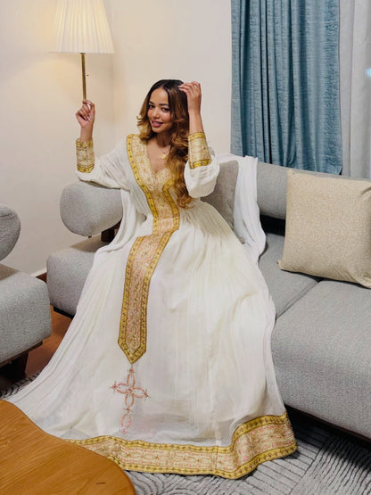 Soft Gold & Rose Pink V-Neck Column Traditional Ethiopian dress Classic Habesha Kemis For Festive 1286