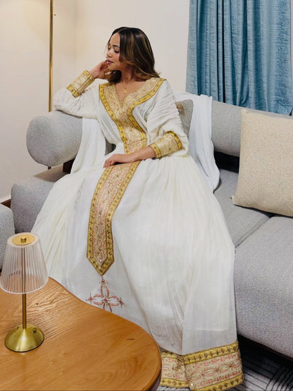 Soft Gold & Rose Pink V-Neck Column Traditional Ethiopian dress Classic Habesha Kemis For Festive 1286