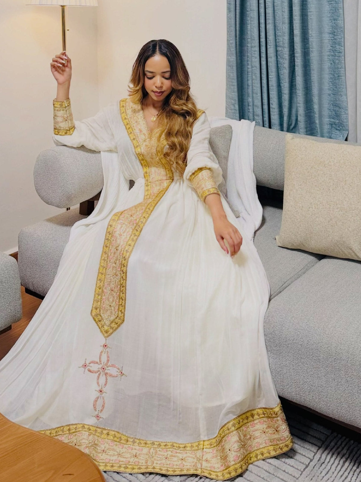 Soft Gold & Rose Pink V-Neck Column Traditional Ethiopian dress Classic Habesha Kemis For Festive 1286
