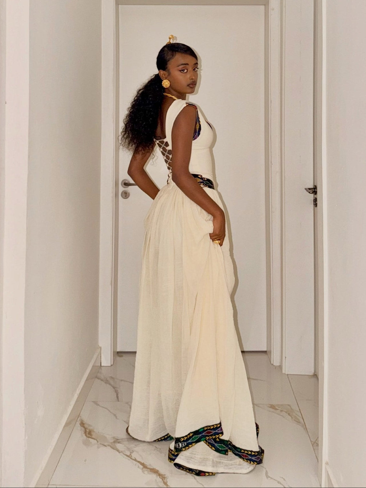 Deep V-Neck Corset Habesha Dress Sleeveless Dark Jewel-Tone Embroidery Traditional Ethiopian dress 1287