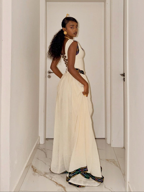 Deep V-Neck Corset Habesha Dress Sleeveless Dark Jewel-Tone Embroidery Traditional Ethiopian dress 1287