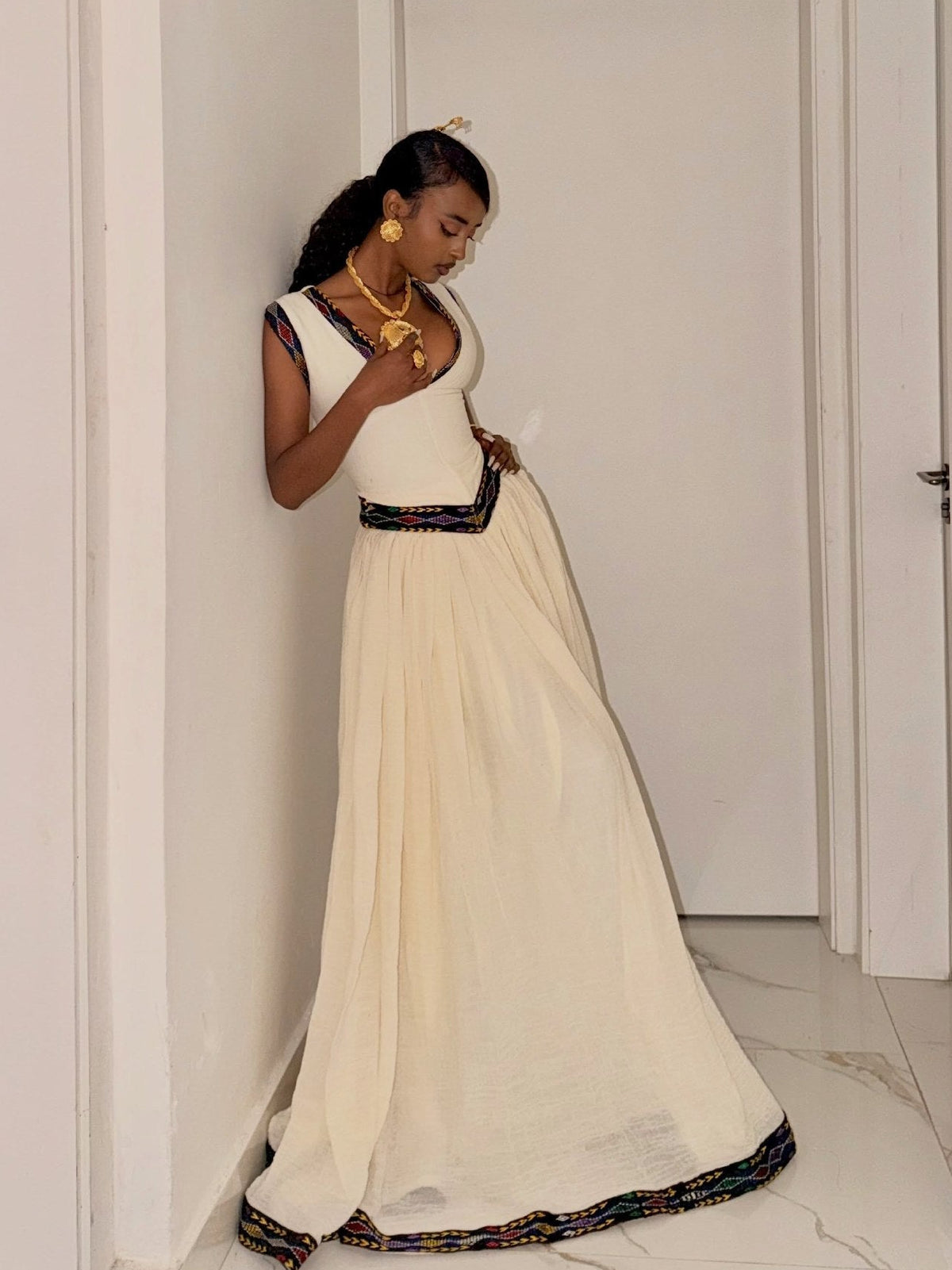Deep V-Neck Corset Habesha Dress Sleeveless Dark Jewel-Tone Embroidery Traditional Ethiopian dress 1287