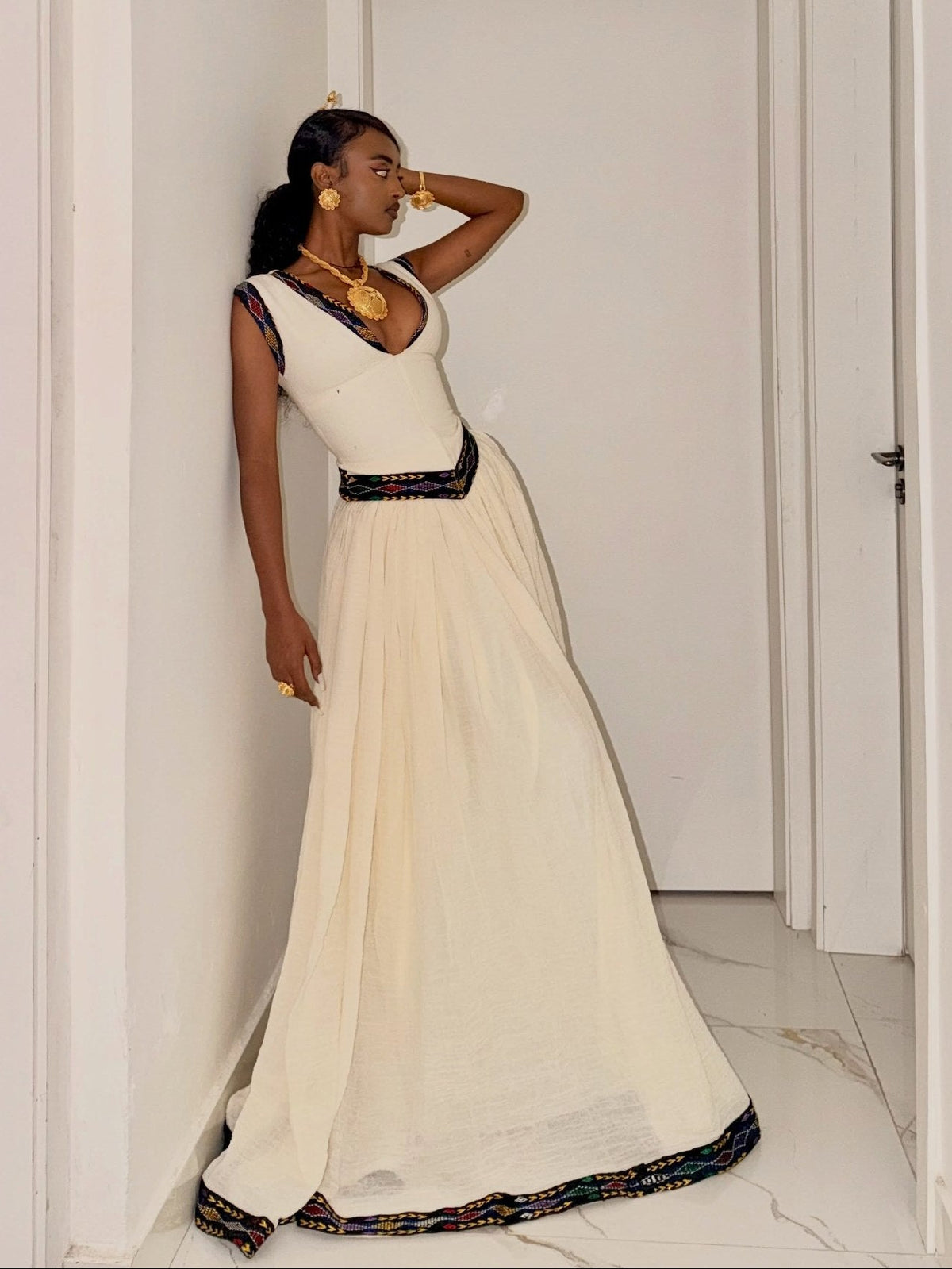 Deep V-Neck Corset Habesha Dress Sleeveless Dark Jewel-Tone Embroidery Traditional Ethiopian dress 1287