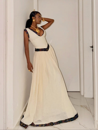 Deep V-Neck Corset Habesha Dress Sleeveless Dark Jewel-Tone Embroidery Traditional Ethiopian dress 1287