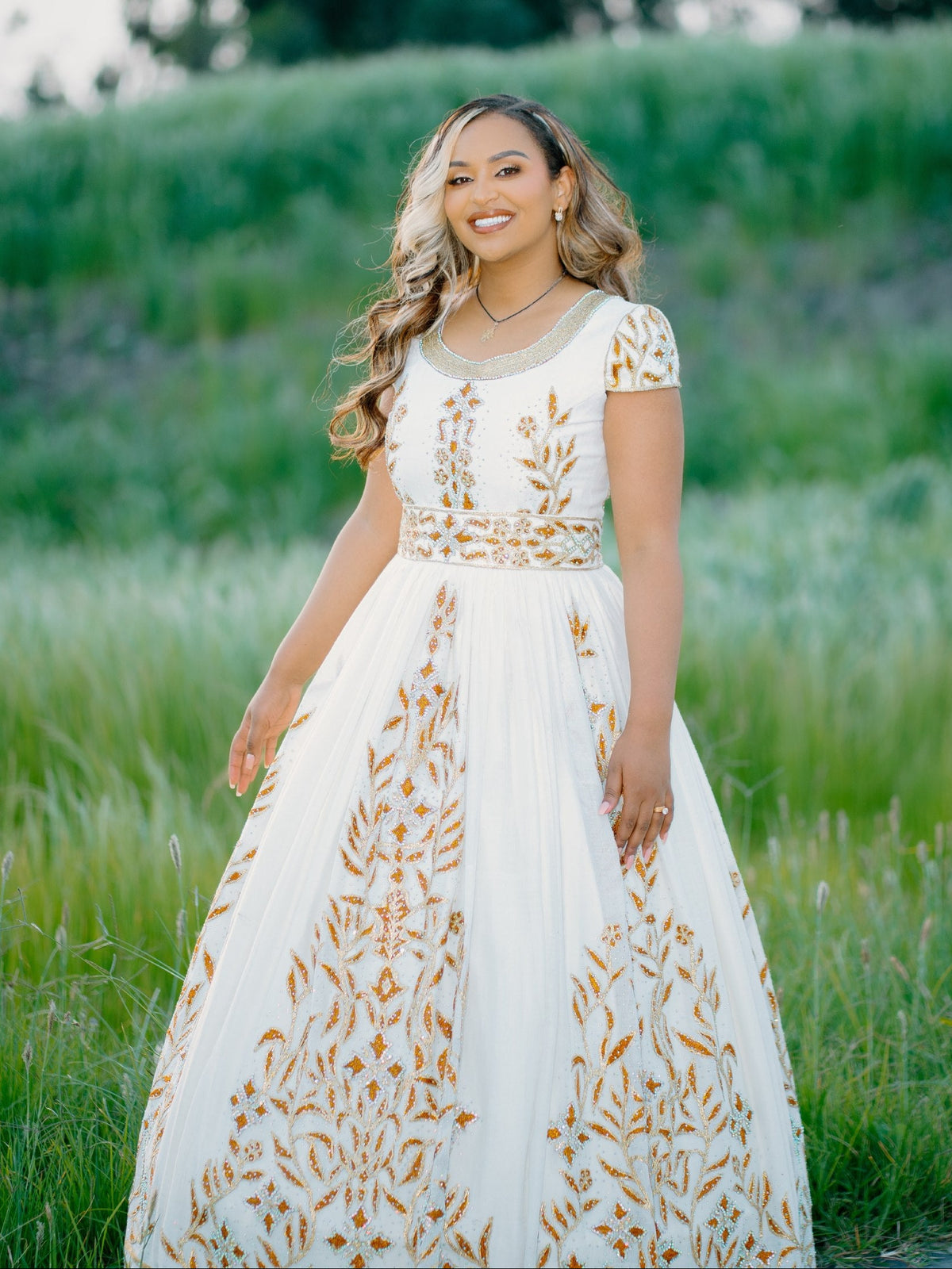 Royal Gilded Floral Vine Short-Sleeve Corset Habesha Dress Intricate Gold Leaf Embroidery Ethiopian dress 1288