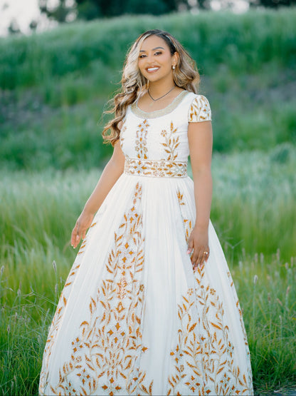 Royal Gilded Floral Vine Short-Sleeve Corset Habesha Dress Intricate Gold Leaf Embroidery Ethiopian dress 1288