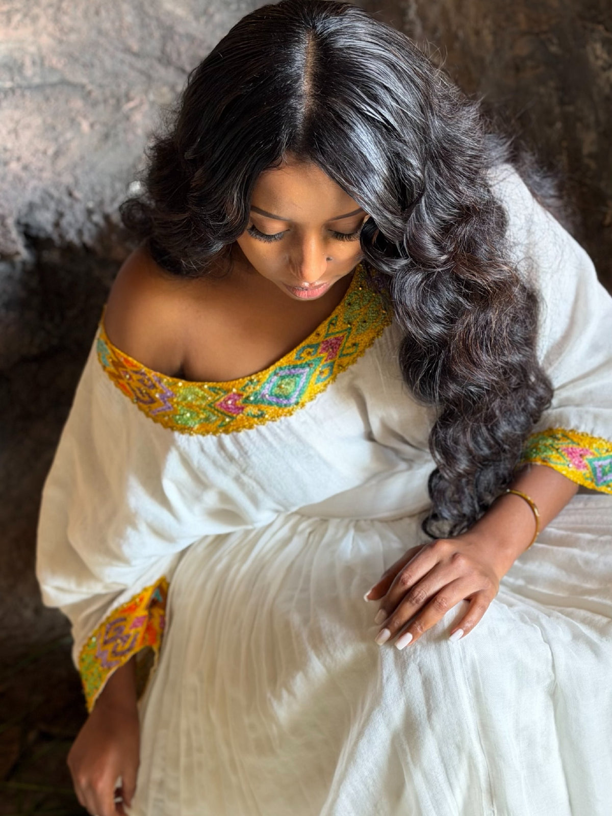 Timeless Sunshine Yellow & Turquoise Habesha Dress Asymmetric Off-Shoulder Ethiopian Clothing With Matching Netela 1289