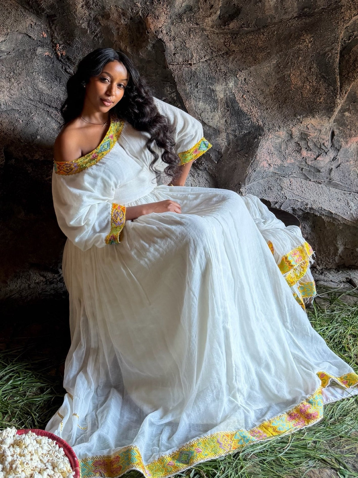 Timeless Sunshine Yellow & Turquoise Habesha Dress Asymmetric Off-Shoulder Ethiopian Clothing With Matching Netela 1289
