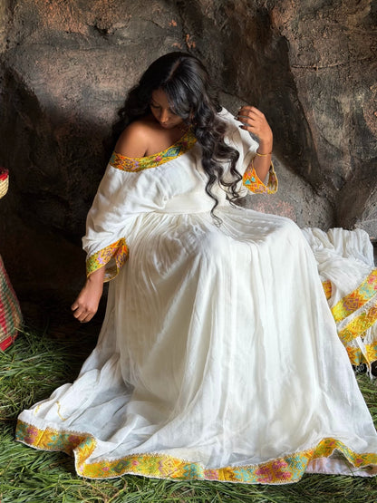 Timeless Sunshine Yellow & Turquoise Habesha Dress Asymmetric Off-Shoulder Ethiopian Clothing With Matching Netela 1289