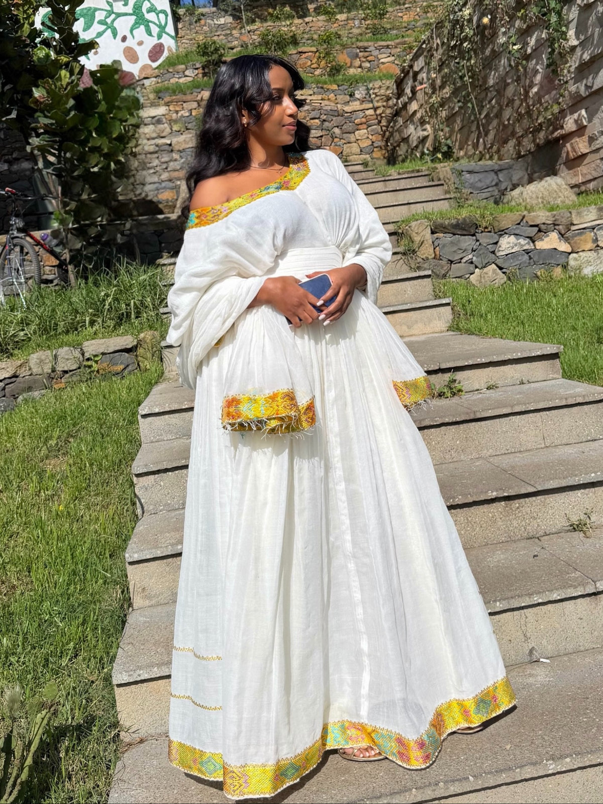 Vibrant Yellow & Teal Border Off-Shoulder Dress Stylish Habesha Dress