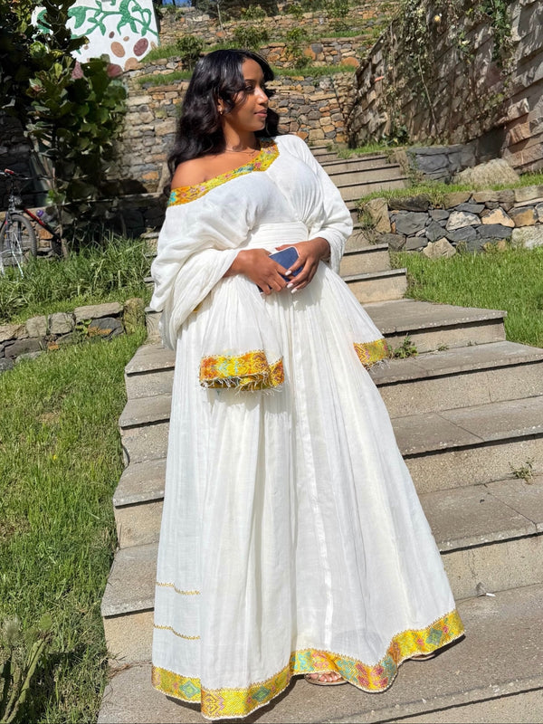 Vibrant Yellow & Teal Border Off-Shoulder Dress Stylish Habesha Dress