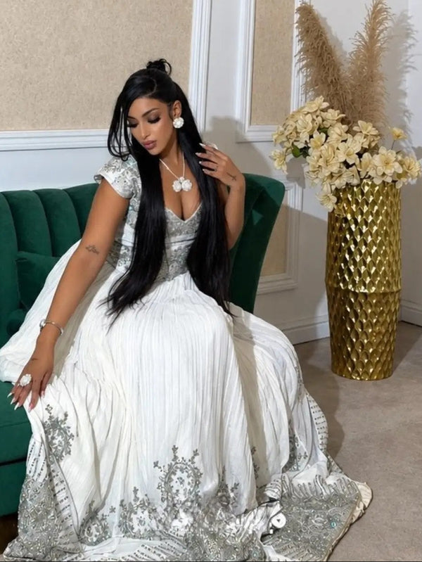 Royal Silver & Sage Filigree Corset Ballgown Habesha Dress Intricate Medallion Border Ethiopian dress 1291