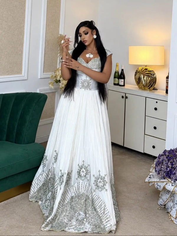 Silver Metallic Embroidered Cap-Sleeve Gown Stunning Habesha Kemis 