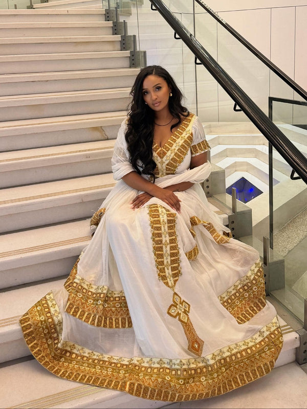Golden Tapestry Cross Embroidery Ballgown Pure habesha cloth