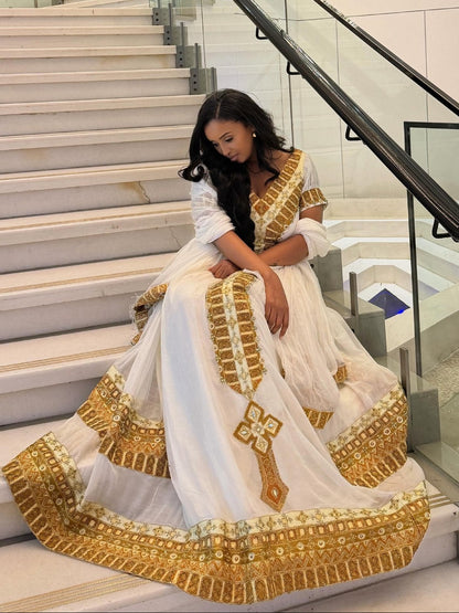 Royal Gold Geometric Habesha Dress V-Neck Gown Ethiopian Dress with Cross Emblem For Special Occasion 1292