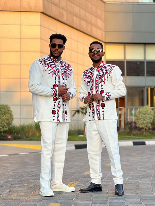 Red & Black Geometric Embroidered Men's Oromo Shirt and Pants Set Oromo traditional attire 1293