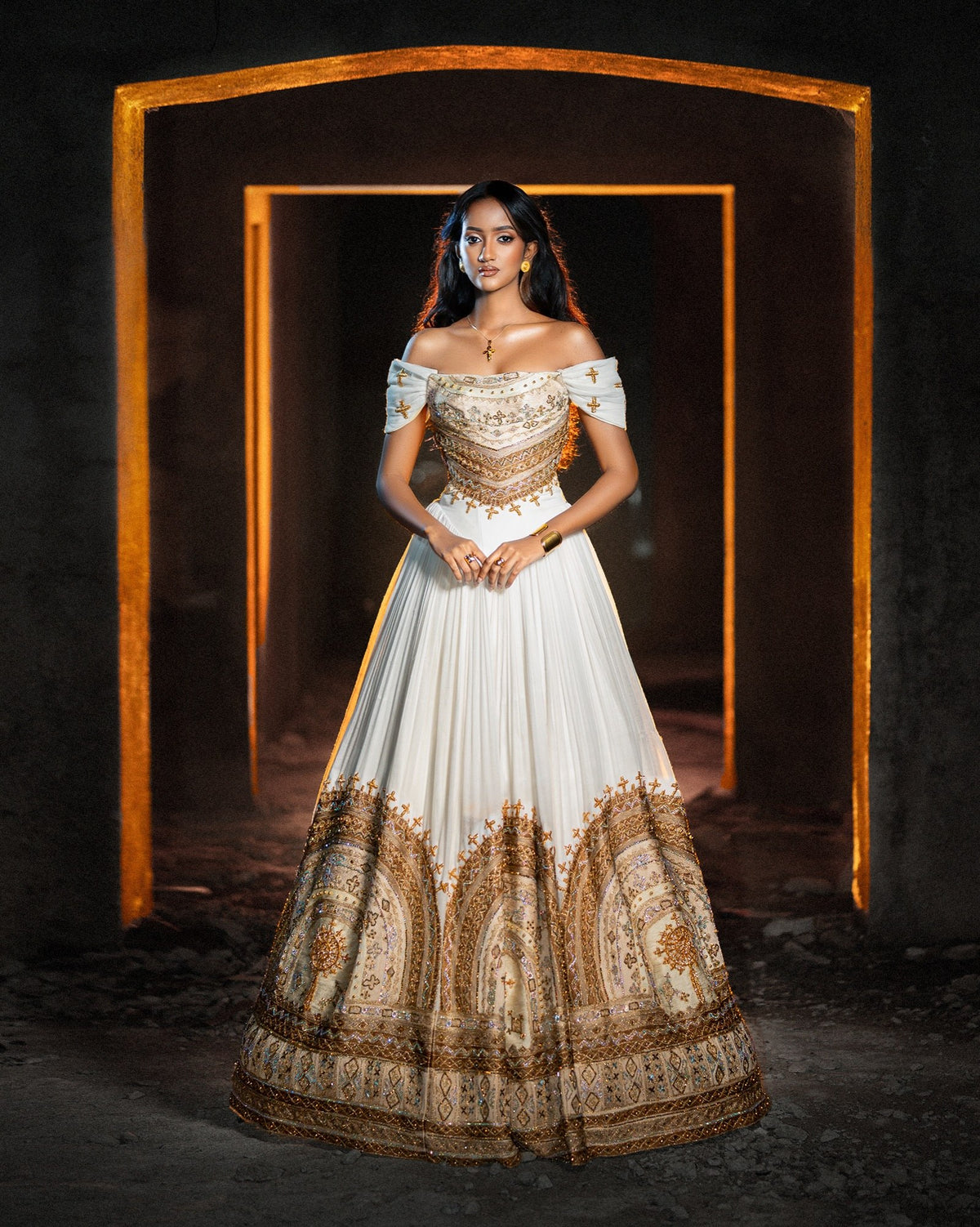 Royal Golden Cathedral Arches Habesha Kemis Off-Shoulder Ethiopian Wedding Dress with Corset Bodice 1296
