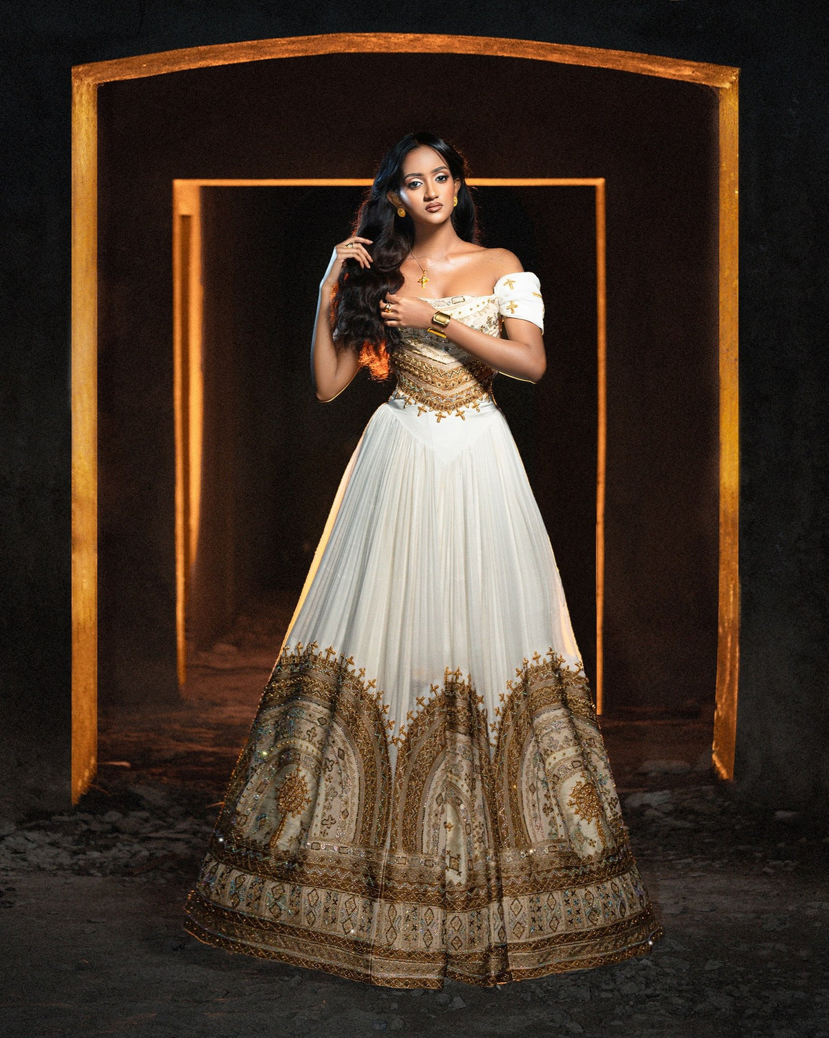 Royal Golden Cathedral Arches Habesha Kemis Off-Shoulder Ethiopian Wedding Dress with Corset Bodice 1296