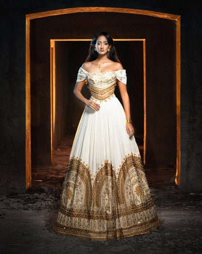 Royal Golden Cathedral Arches Habesha Kemis Off-Shoulder Ethiopian Wedding Dress with Corset Bodice 1296